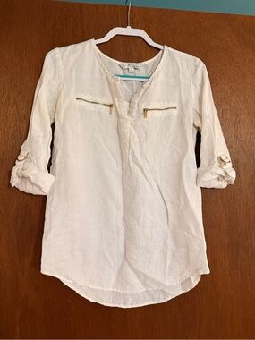 Ellen Tracy Cream Linen Roll-Sleeve Tunic with Gold Zips